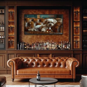 Shih Tzu On Couch Drinking Whiskey Wall Art, Funny Pets Wall Decor, Pet Owner Gift, Bar Art For Men Framed Ready To Hang