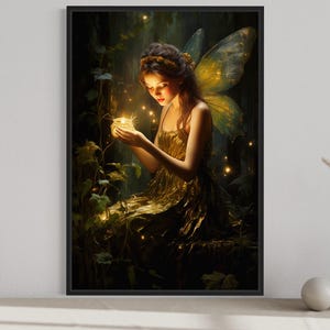 A framed painting depicting a fairy with wings, holding a glowing orb in her hands, surrounded by a lush, mystical forest.