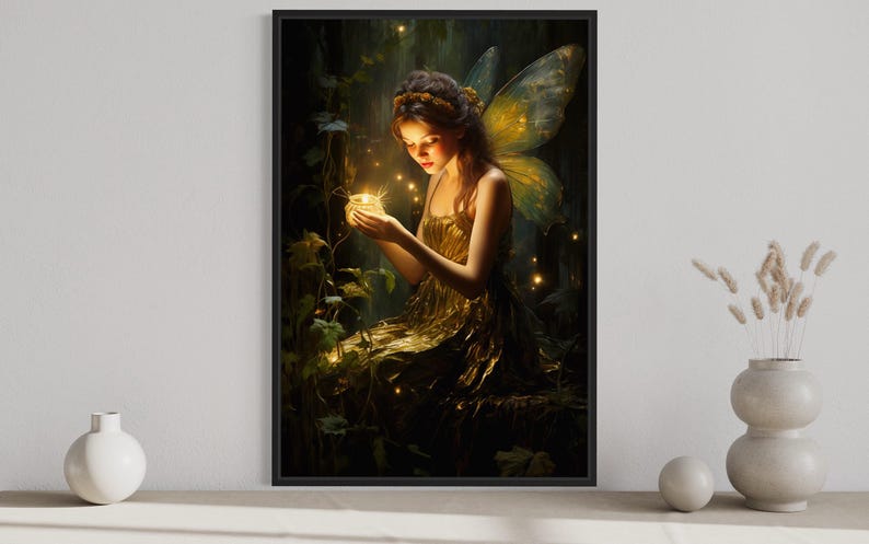 A framed painting depicting a fairy with wings, holding a glowing orb in her hands, surrounded by a lush, mystical forest.
