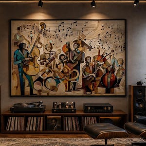 May include: A large rectangular wall art piece featuring a cubist-style jazz band illustration with musical notes, displayed above a wooden media console containing vinyl records, a turntable, and audio equipment in a room with speakers.