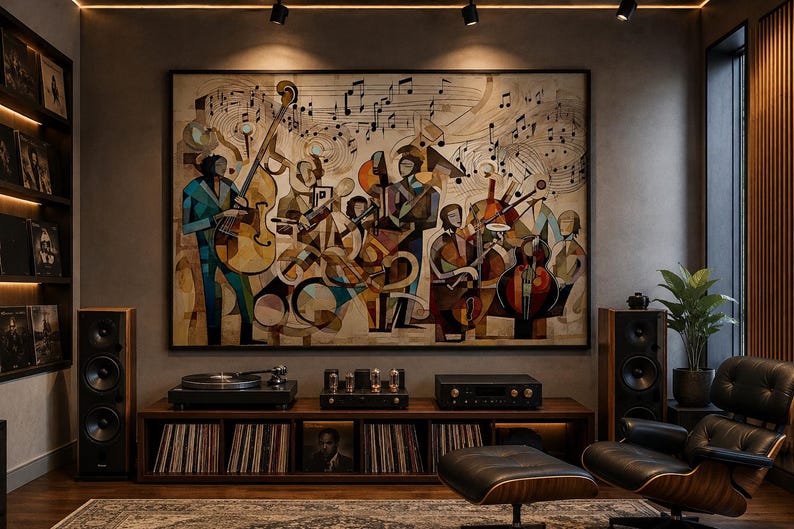 May include: A large rectangular wall art piece featuring a cubist-style jazz band illustration with musical notes, displayed above a wooden media console containing vinyl records, a turntable, and audio equipment in a room with speakers.