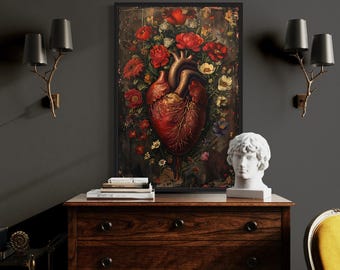 Halloween Wall Art Gothic Human Heart And Flowers Painting, Heart Wall Decor, Dark Academia Wall Decor Framed Ready To Hang