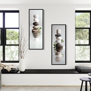 Stacked Zen Stones Tall Narrow Canvas Print Set of 2, Neutral Meditation Wall Art, Spa Bathroom Yoga Room Calming Decor, Stone Art