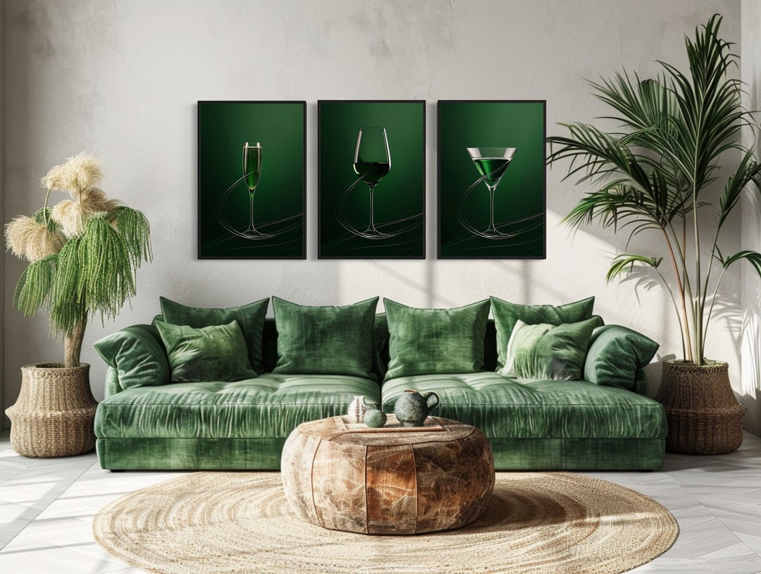 Set of Three Emerald Green Wall Art Dining Room, Living Room Decor Wine ...