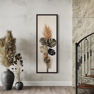 Long Narrow Vertical Wall Art - Boho Mid Century Modern Palm Leaves Painting Earth Tones Canvas Print Tall Slim Artwork Ready To Hang