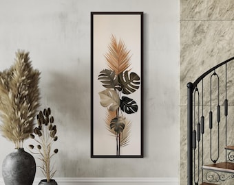 Long Narrow Vertical Wall Art - Boho Mid Century Modern Palm Leaves Painting Earth Tones Canvas Print Tall Slim Artwork Ready To Hang