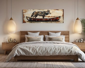 Rustic Cabin Wall Decor Wolf In Canoe Wall Art, Long Horizontal Wolf  Painted on Wood Canvas Print, Lodge Decor Framed Ready To Hang