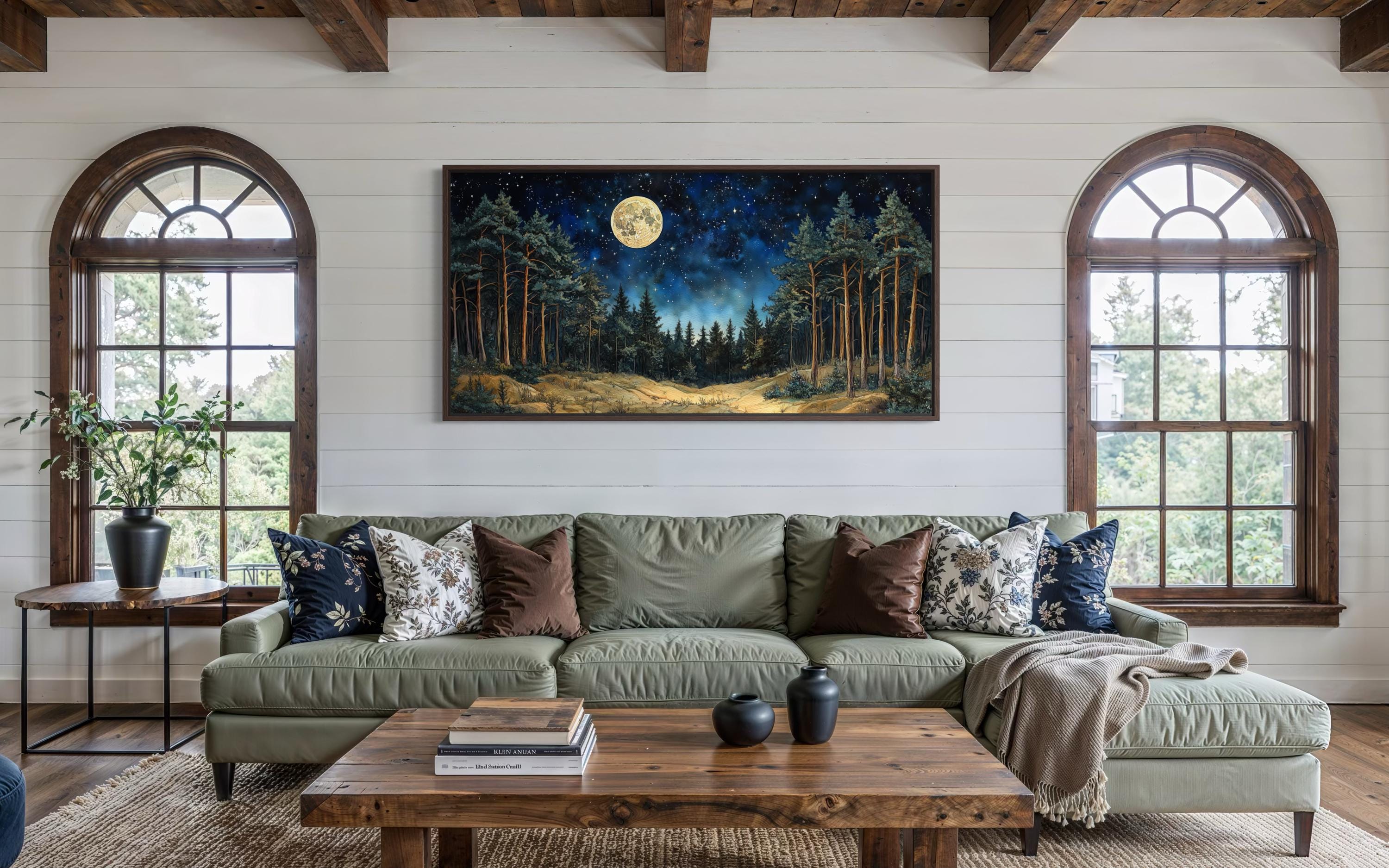 Moonlit Forest Wall Art With Full Moon and Starry Sky, Night Pine Trees ...