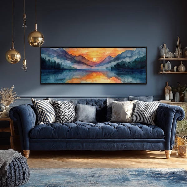 Long Narrow Mountain Lake Sunset Landscape Watercolor Painting Canvas PRINT, Dark Over Bed Men Bedroom Wall Art Ready To Hang