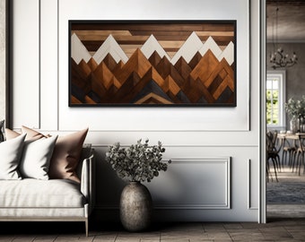 Cabin Wall Art - Layered Wood Panel Effect Snow  Mountains Painting Printed on Canvas, Lodge Wall Decor, Framed Ready To Hang