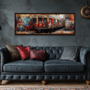 Graffiti Subway Train Long Horizontal Canvas Print, Urban Subway Wall Art for Men&#39;s Bedroom Above Bed or Office Decor Framed Ready To Hang