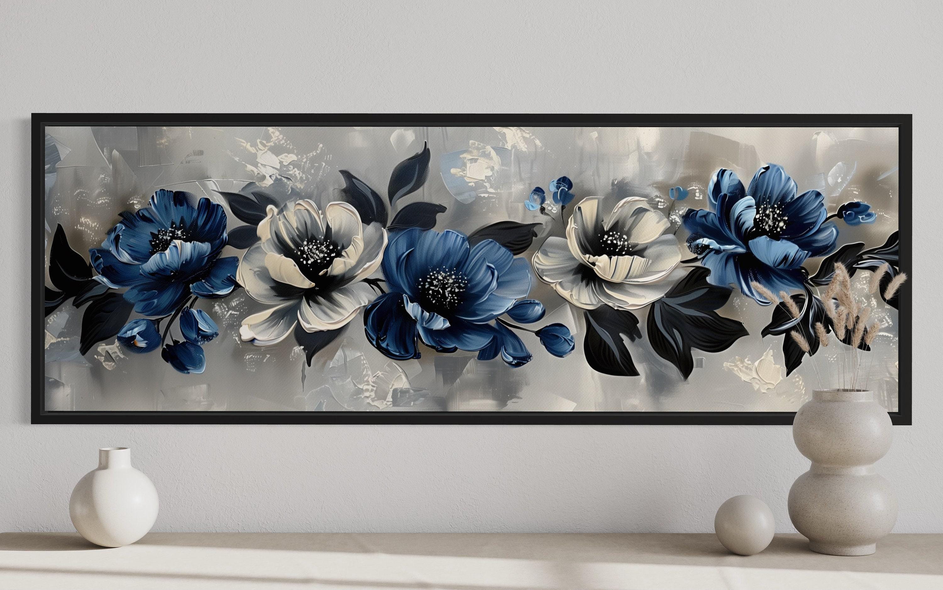 Navy Blue Grey White Floral Wall Art Above Bed Long Horizontal Abstract ...