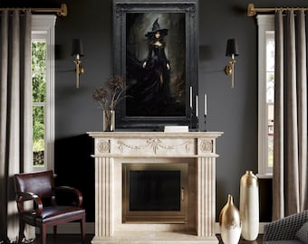 Witch In Dark Forest Painting Canvas PRINT, Victorian Portrait Artwork Gothic Decor, Dark Academia Wall Art Framed Ready To Hang