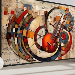 a large abstract painting with a guitar and musical notes as the central focus. The painting is displayed on a wall, with two white vases placed on either side of it.