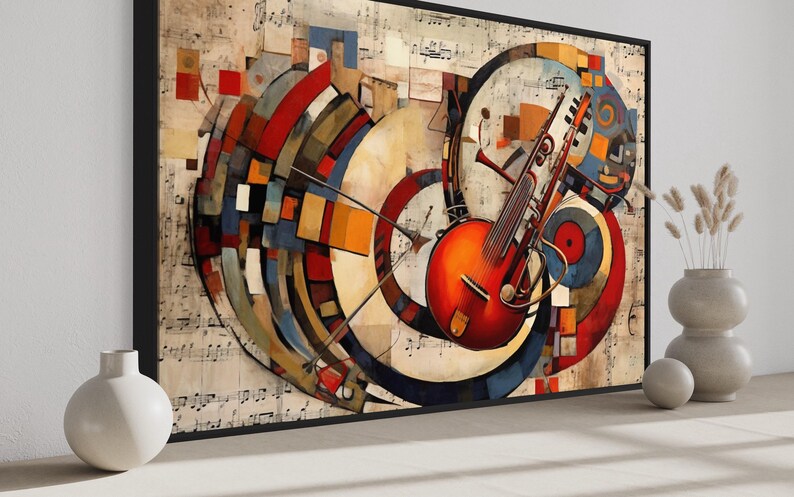 a large abstract painting with a guitar and musical notes as the central focus. The painting is displayed on a wall, with two white vases placed on either side of it.