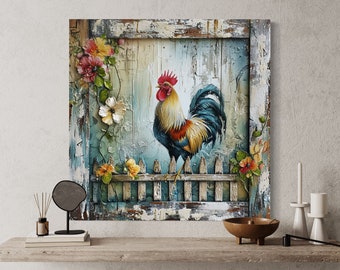 Rooster Wall Art, Farmhouse Wall Art, Rustic Farm Animals Painting Canvas Print, Farm Kitchen Wall Art Ready To Hang