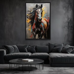 a large, colorful painting of a horse on the wall of a modern living room. The painting is the focal point of the room, with a black sectional sofa and a round black coffee table in the foreground.
