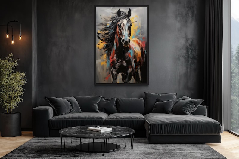 a large, colorful painting of a horse on the wall of a modern living room. The painting is the focal point of the room, with a black sectional sofa and a round black coffee table in the foreground.