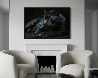 Black Panther Wall Art, Extra Large Exotic Wild Cat Painting Canvas PRINT, Living Room Decor Framed Unframed Ready to Hang