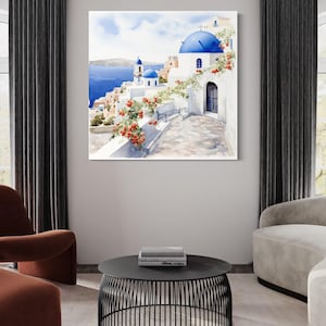Santorini Greece Watercolor Painting Canvas PRINT, Greek Wall Art, Print Mediterranean Architecture Wall Decor Ready To Hang