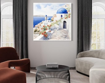 Santorini Greece Watercolor Painting Canvas PRINT, Greek Wall Art, Print Mediterranean Architecture Wall Decor Ready To Hang