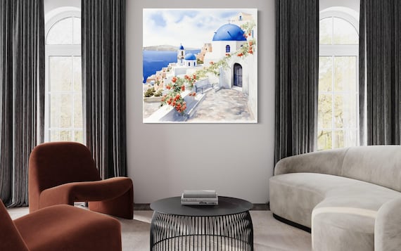 Santorini Greece Watercolor Painting Canvas PRINT, Greek Wall Art, Print Mediterranean Architecture Wall Decor Ready To Hang