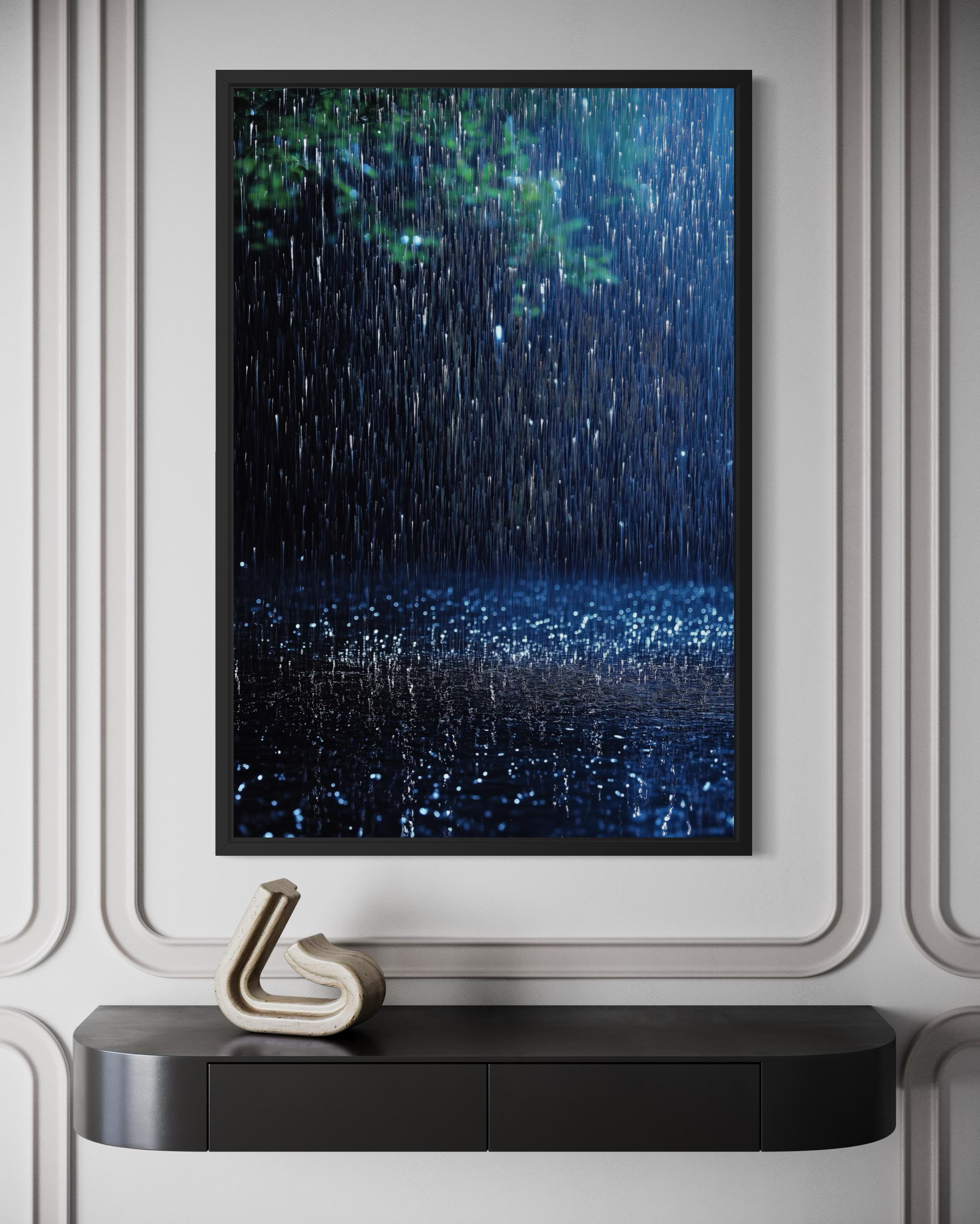 Blue Rain and Tree Wall Art – Modern Nature Canvas Print, Dark Blue ...