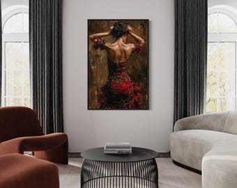Flamenco Dancer Wall Art, Dancing Woman In Red Dress Latin Spanish Dance Painting Canvas Print Framed Unframed Ready To Hang