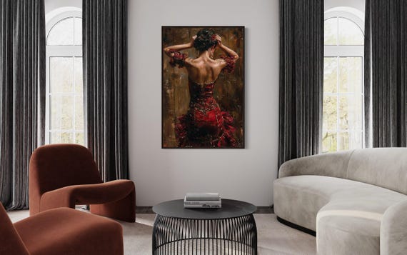 Flamenco Dancer Wall Art, Dancing Woman In Red Dress Latin Spanish Dance Painting Canvas Print Framed Unframed Ready To Hang