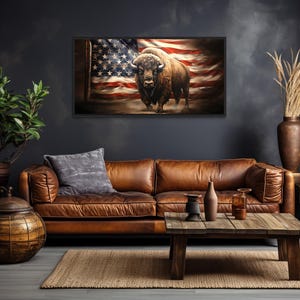 American Bison And American Flag Wall Art, Patriotic Painting Canvas Print, Buffalo Wall Art, Western Art, Art For Men Framed Ready To Hang
