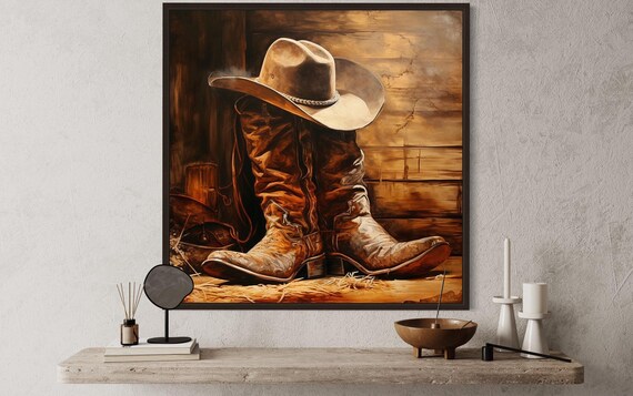 Cowboy Hat and Boots Painting Canvas PRINT, Cowboy Wild West Wall Art, Ranch Wall Decor, Man Cave Decor, Western Artwork Ready To Hang