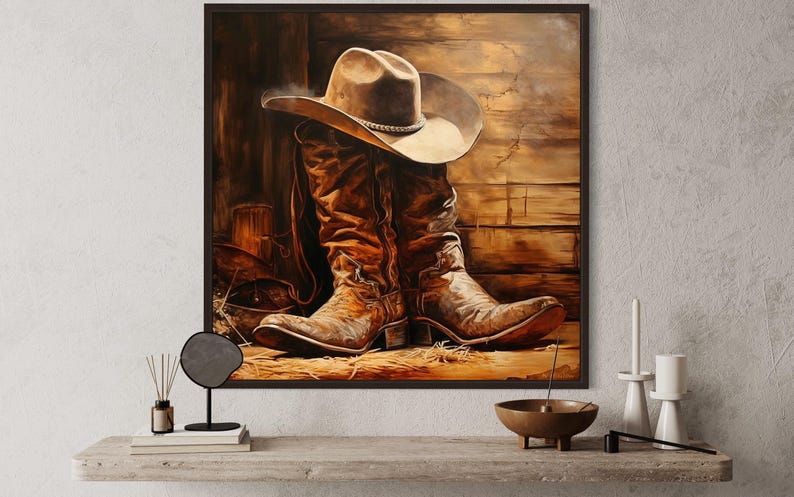 a pair of brown cowboy boots and a cowboy hat, which are displayed on a wooden shelf.