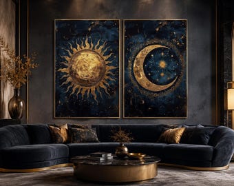 Set of 2 Sun And Moon Wall Art, Celestial Gold Painting On Navy Blue Background Canvas Print Framed Ready To Hang
