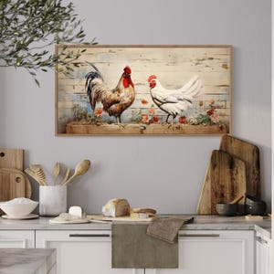 Rooster And Hen Painting Canvas PRINT, Farmhouse Wall Art, Chicken Farm Kitchen Dining Room Decor, Rustic Chic Wall Art Ready To Hang