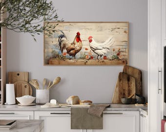 Rooster And Hen Painting Canvas PRINT, Farmhouse Wall Art, Chicken Farm Kitchen Dining Room Decor, Rustic Chic Wall Art Ready To Hang