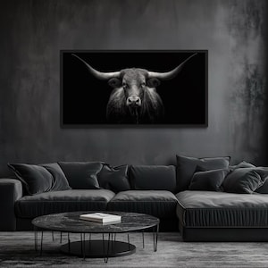Black Texas Longhorn Cow Wall Art - Farmhouse, Living Room Art - Longhorn Painting Extra Large Canvas Print Framed Ready To Hang