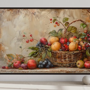 Fruit Basket Painting Canvas PRINT, Rustic Large Farmhouse Kitchen Wall Art, Vintage Fruit Wall Art For Dining Room Framed Ready To Hang