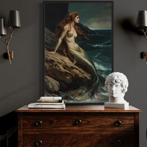 Mermaid Sitting On A Rock Wall Art Painting Canvas PRINT, Dark Academia Gothic Mermaid Wall Art, Victorian Portrait Wall Decor Ready To Hang