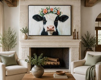 Black And White Farm Cow with Floral Wreath Rustic Country Animal Painting for Farmhouse Living Room or Kitchen Wall Decor