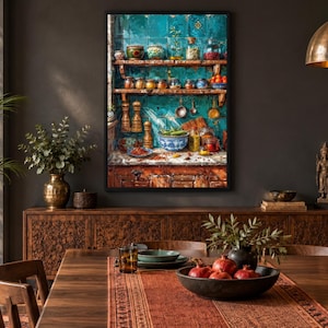 May include: A framed wall art print depicting a rustic kitchen scene with wooden shelves against a vibrant teal tiled wall. The shelves are filled with various glass jars, ceramic bowls, and hanging kitchen utensils, creating a detailed culinary display.