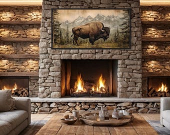 American Bison Painting Wood Panel Effect Printed on Canvas, Southwestern Art Cabin Wall Decor, Rustic Wall Decor, Framed Ready To Hang