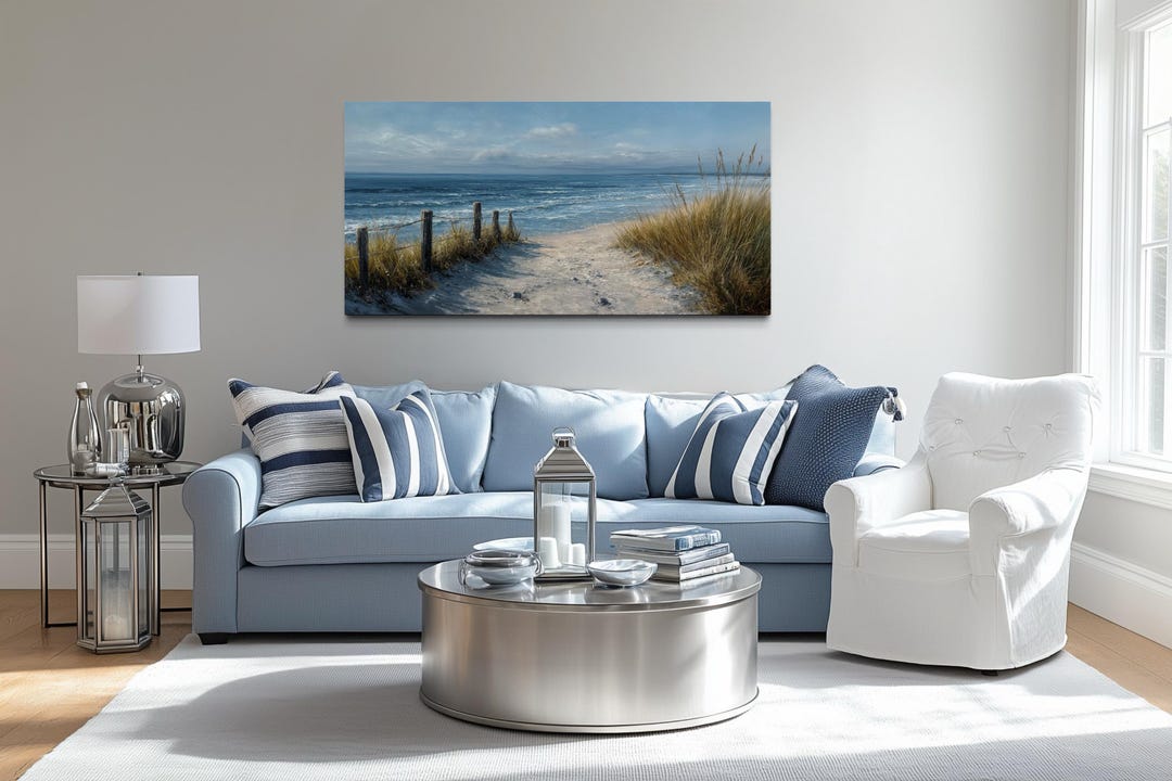 Coastal Beach Path to Ocean Wall Art – Blue Beige Seaside Canvas Print ...