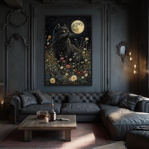 a luxurious living room with a large, ornate painting of a cat on the wall, a wooden coffee table in the center, and a tufted leather sofa. The room has dark wood paneling, a large window, and a chandelier, creating an elegant and sophisticated atmosphere.