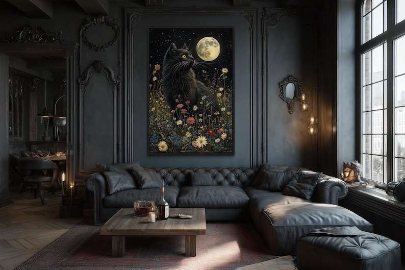 a luxurious living room with a large, ornate painting of a cat on the wall, a wooden coffee table in the center, and a tufted leather sofa. The room has dark wood paneling, a large window, and a chandelier, creating an elegant and sophisticated atmosphere.