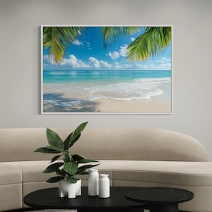 Tropical Beach Wall Art - Caribbean Ocean Palm Tree Canvas Print, Coastal Living Room Decor, Framed Ready To Hang
