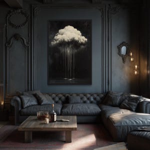 May include: A dark, moody living room with a large, tufted leather sectional sofa, a wooden coffee table, and a large framed artwork depicting a cloud formation. The room features dark walls, ornate trim, and a large window.