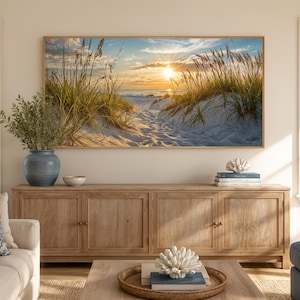 Seascape Painting, Ocean Beach With Sand Dunes Coastal Wall Art, Beach Grass Sunset Artwork Canvas Print Framed Ready To Hang image 1