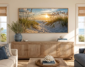 Seascape Painting, Ocean Beach With Sand Dunes Coastal Wall Art, Beach Grass Sunset Artwork Canvas Print Framed Ready To Hang