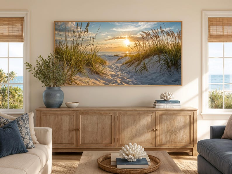 Seascape Painting, Ocean Beach With Sand Dunes Coastal Wall Art, Beach Grass Sunset Artwork Canvas Print Framed Ready To Hang image 1
