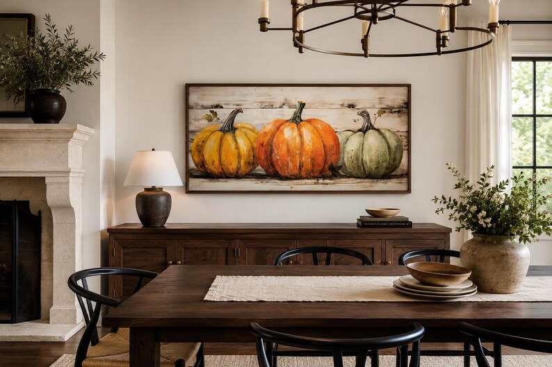 May include: A rectangular wall art piece featuring a painting of three pumpkins in yellow, orange, and muted green colors, set against a horizontal white wood plank background, all enclosed within a simple dark brown wooden frame.